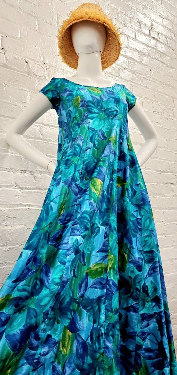 Vtg 60s Kiyomi Turquoise Watercolor Hawaii Dress