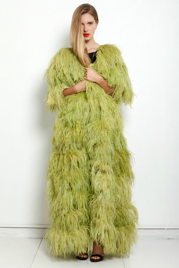 Vtg 60s Green Ostrich Feather Maxi Coat Duster Dr… - image 5