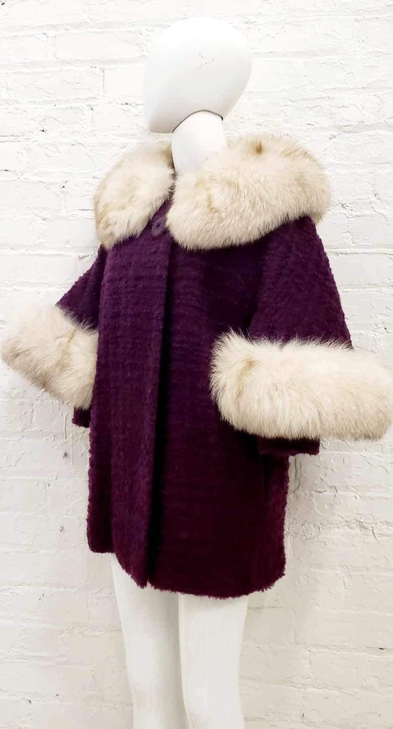 Vtg 60s Purple Wool and Fox Fur Capelet Coat by Bu