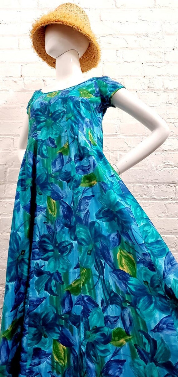 Vtg 60s Kiyomi Turquoise Watercolor Hawaii Dress