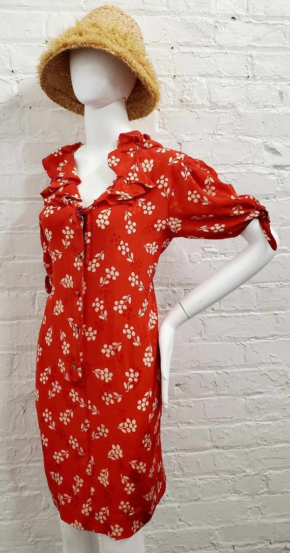 Vtg 80s Silk Ungaro Red Floral Jacquard Ruffle Dre