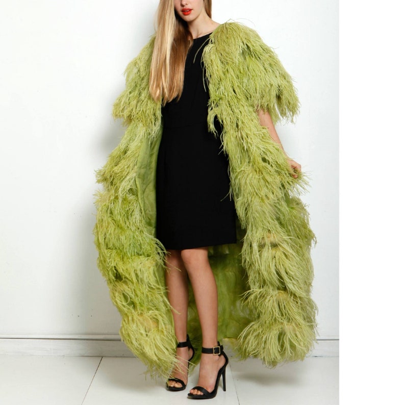 Vtg 60s Green Ostrich Feather Maxi Coat Duster Dress image 2