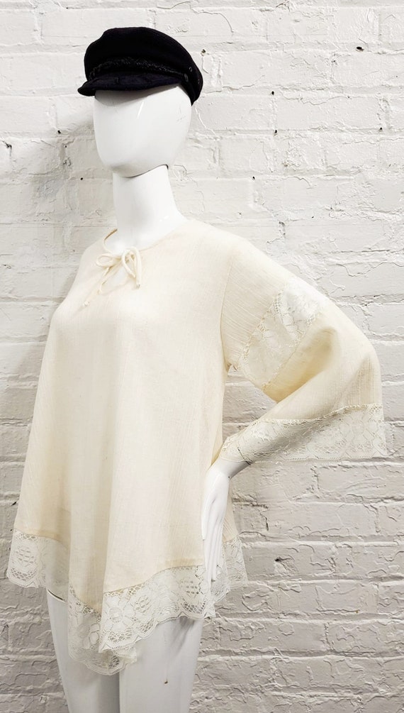 Vtg 70s White Cotton Lace Angel Sleeve Top by Ted… - image 1