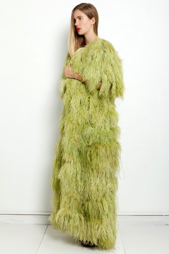 Vtg 60s Green Ostrich Feather Maxi Coat Duster Dr… - image 4