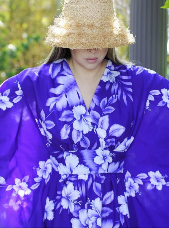 Vtg 80s Purple Hibiscus Caftan Made in Hawaii