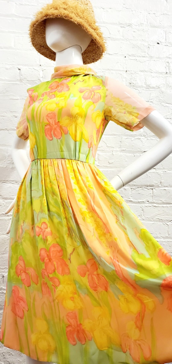 Vtg 60s Iris Watercolor Floral Silk Chiffon Dress