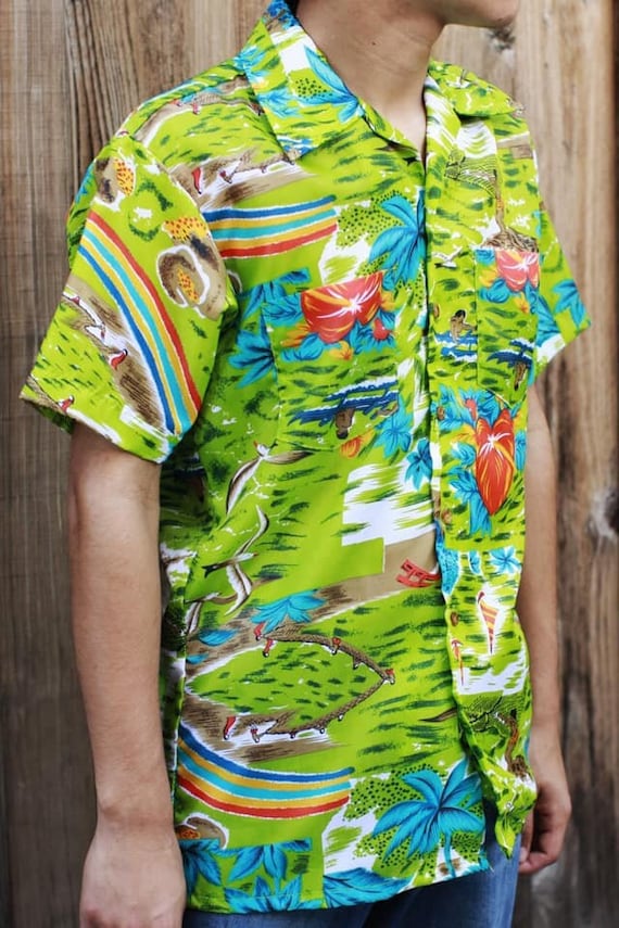Vtg 70s Anthurium & Rainbows Hawaii Shirt by Waiki