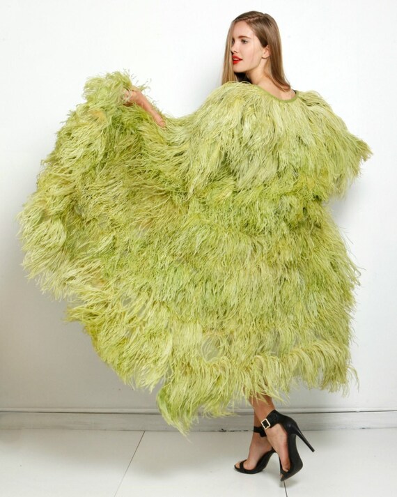 Vtg 60s Green Ostrich Feather Maxi Coat Duster Dr… - image 1