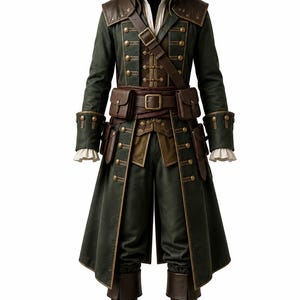 May include: A dark green long coat with gold buttons, a matching tricorn hat, and brown leather accessories including a belt with pouches and boots. The ensemble features a white ruffled shirt underneath, brown trousers, and a shoulder strap.