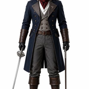 May include: A navy blue long coat with brown leather cuffs, a grey vest, white shirt, and dark red cravat. The outfit includes grey trousers, brown leather boots, a black top hat, black gloves, a silver sword, and a walking cane with a silver handle.