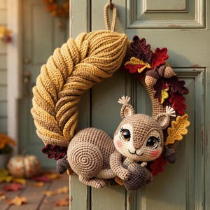 Virkat ekorrekransmönster, höstdörrdekor i skogsmark i PDF-format, ekollonekorre-amigurumi