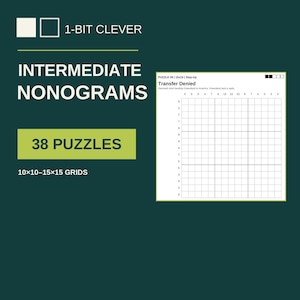Nonogram-pusselbok för medelåldern i PDF-format, 38 logiska pussel, 10x10–15x15, US Letter och A4