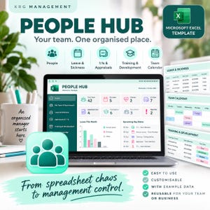 May include: A Microsoft Excel template titled People Hub for team management. The screen displays a dashboard with metrics for leave, sickness, appraisals, and training. Includes icons for team organisation, a calendar view, and a list of upcoming key dates.
