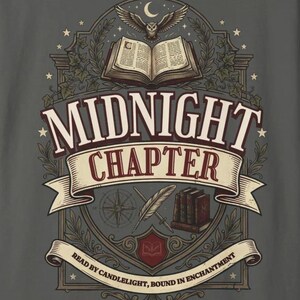 Może przedstawiać: Ciemnoszary nadruk graficzny przedstawiający otwartą księgę, sowę i kompas. Tekst brzmi MIDNIGHT CHAPTER oraz READ BY CANDLELIGHT, BOUND IN ENCHANTMENT. Wzór zawiera pióro, stos książek i tarczę, wszystko otoczone motywem roślinnych pnączy.