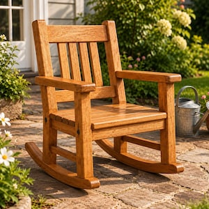 Puede incluir: Una mecedora de madera con respaldo de listones, reposabrazos planos y asiento de listones horizontales. La silla presenta un acabado de madera en tono marrón cálido y está construida con herrajes oscuros visibles.