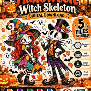May include: Digital download graphic featuring a witch with red hair and a skeleton in a suit, surrounded by ghosts, pumpkins, and autumn leaves. Text includes Halloween Witch Skeleton, 5 Files Included, and file formats like PNG, SVG, JPG, PDF, and DXF.