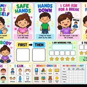 Könnte beinhalten: Ein farbenfrohes pädagogisches Verhaltenstafel-Poster mit Cartoon-Illustrationen von Kindern und Texten wie Keep My Hands To Myself, Safe Hands, Hands Down, I Can Ask For A Break, I Can Ask For Help, Calm Body, First Then und 5 Token Board.