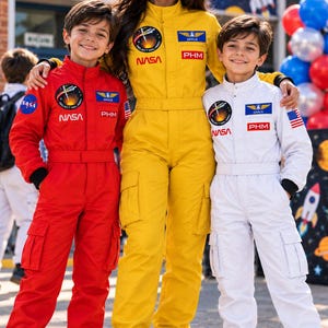 May include: Three jumpsuits in red, yellow, and white, each featuring a NASA Project Hail Mary patch, a PHM name tag, a Grace mission patch, and a United States flag patch on the sleeve. The jumpsuits have a high collar, long sleeves, and cargo pockets.