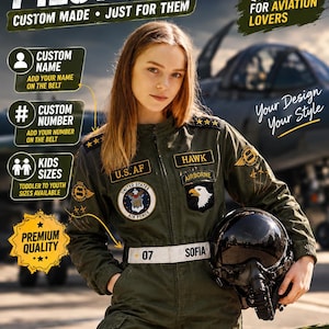 May include: An olive green flight suit featuring embroidered patches including a United States Air Force emblem, an eagle, and the text U.S. AF and HAWK AIRBORNE. The suit includes a white belt with the number 07 and the name SOFIA printed on it.