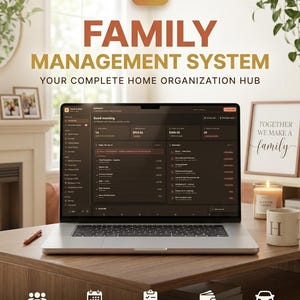 May include: A laptop displaying a dark-themed digital family management system dashboard. The screen shows financial summaries, daily tasks, and reminders. Below the laptop, five icons represent features: family dashboard, shared calendar, chore tracker, budget and bills, and pets and vehicles.