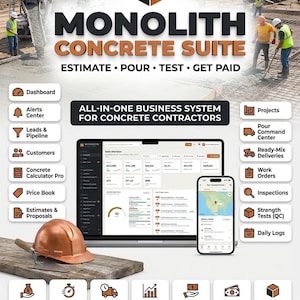 May include: Monolith Concrete Suite business software for contractors, featuring a laptop and smartphone displaying a dashboard, project management tools, and financial tracking. Includes a copper hard hat and trowel on a wooden board.