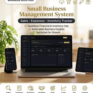 Può includere: Un sistema digitale di gestione per piccole imprese visualizzato su un computer portatile, uno smartphone e un tablet. L'interfaccia presenta dashboard in modalità scura con monitoraggio di vendite e spese.