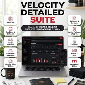 May include: A Velocity Detailed Suite business management system display on a laptop and smartphone, surrounded by a black mug, notebook, calculator, and car key, with text listing features like Job Board and Estimates & Invoices.