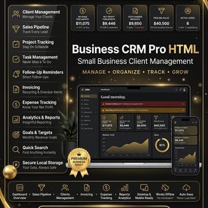 Può includere: Un'interfaccia dashboard digitale nera e oro intitolata Business CRM Pro HTML per la gestione dei clienti delle piccole imprese. Visualizza analisi, entrate, utile netto e dati di fatturazione su uno schermo di un portatile e uno smartphone, con icone per la gestione delle attività, pipeline di vendita e archiviazione locale sicura.
