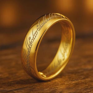 Puede incluir: Un anillo de tono dorado pulido que presenta una inscripción grabada con láser, intrincada y continua, que envuelve toda la superficie exterior de la banda. El metal tiene un acabado liso y reflectante que capta la luz, resaltando la escritura.