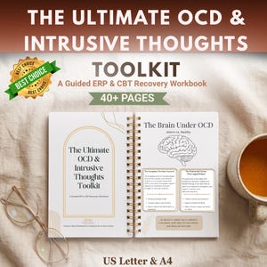 Könnte beinhalten: Ein spiralgebundenes Arbeitsbuch mit dem Titel The Ultimate OCD & Intrusive Thoughts Toolkit, das eine Seite über das Gehirn mit Illustration, Textfeldern und goldener Spiralbindung zeigt, begleitet von einer goldrandigen Brille.
