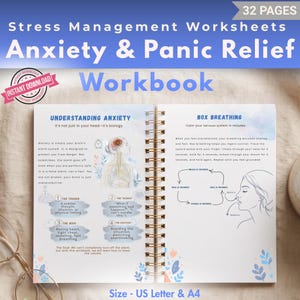 May include: A 32-page spiral-bound stress management workbook titled Anxiety & Panic Relief. The open pages feature text and illustrations explaining anxiety, including sections on understanding anxiety and box breathing techniques.