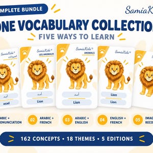 May include: A complete bundle of SamiaKids vocabulary cards featuring five distinct learning editions. Each card displays a cartoon lion illustration with text in Arabic, French, and English, organized into 162 concepts and 18 themes for educational use.
