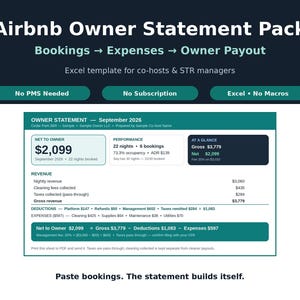 May include: An Airbnb Owner Statement Pack Excel template for co-hosts and STR managers. The document features sections for bookings, expenses, and owner payouts, including a sample September 2026 statement with revenue, deductions, and net to owner calculations.