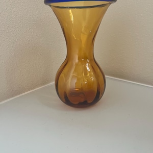 Pode incluir: Um vaso de vidro âmbar translúcido com uma base bulbosa e um pescoço estreito que se alarga no topo. A borda do vaso é acentuada com um rebordo de vidro azul cobalto sólido e distinto, criando um contraste com o corpo âmbar quente.
