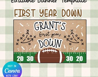 Baner urodzinowy „First Year Down Football” – dekoracja imprezy (link do edytowalnego szablonu Canva)
