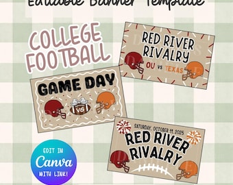 Baner bawełniany na mecz futbolu uniwersyteckiego Red River Rivalry – dekoracja na imprezę (link do edytowalnego szablonu Canva)