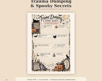 Puede incluir: Una página de diario imprimible de Halloween titulada Trauma Dumping & Spooky Secrets. El documento presenta ilustraciones en negro y naranja que incluyen un gato, calabazas, fantasmas, una calavera, velas y un cuervo, con secciones rayadas para escribir.