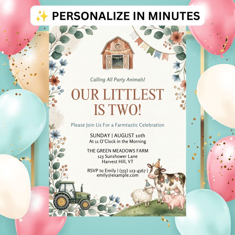 Barnyard Birthday Invitation Template | Farm Animals Kids Party Invite ...
