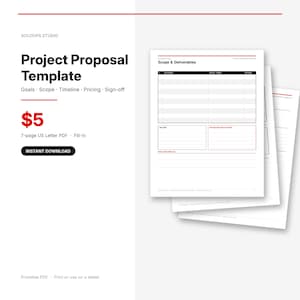 Könnte beinhalten: Eine 7-seitige Projektvorschlag-Vorlage als PDF im US-Letter-Format mit schwarzem Text auf weißem Hintergrund. Das Dokument enthält Abschnitte für Ziele, Umfang, Zeitplan, Preise und Unterschrift sowie eine Tabelle für Umfang und Ergebnisse.