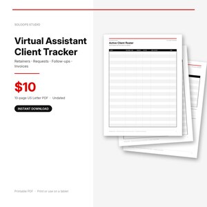 May include: A digital Virtual Assistant Client Tracker template featuring a 10-page US Letter PDF layout. The document includes an Active Client Roster with columns for client, retainer, due, priority, status, next action, and due date in a grid.