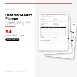 Op de afbeelding: Een digitaal Freelancer Capacity Planner document met de tekst Weekly Hours Budget, inclusief secties voor wekelijks budget, geboekte uren, maandoverzicht, klantbelasting, buffer en say-yes, en een tabel voor dagelijkse uren.
