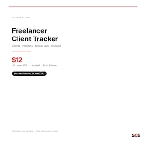 Peut inclure: Un document numérique Freelancer Client Tracker par Soloops Studio. Le texte inclut Clients, Projects, Follow-ups, Invoices, US Letter PDF, Undated, Print forever, Instant Digital Download, Printable ops system, Not stationery clutter, et SOS.