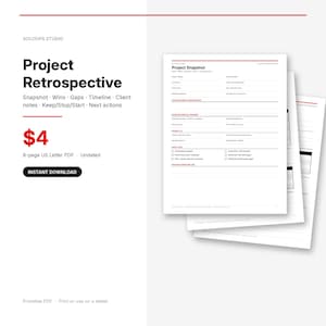 Op de afbeelding: Een 8-pagina tellend projectretrospectief PDF-sjabloon in US Letter-formaat met een strakke witte lay-out, zwarte tekst en rode accenten. Het document bevat secties voor projectoverzicht, successen, hiaten, tijdlijn, notities en volgende acties.