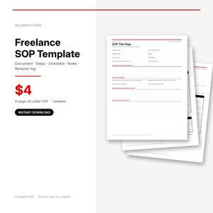 May include: A digital freelance SOP template document featuring a title page with fields for process name, owner, and revision log. The 8-page US Letter PDF includes sections for steps, checklists, roles, and triggers, presented in a clean, white layout.