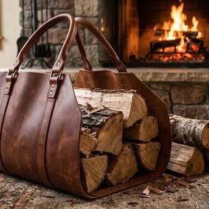 Peut inclure: Un porte-bûches en cuir marron doté de deux poignées robustes et de coutures renforcées. La conception ouverte contient une pile de bûches fendues, mettant en valeur le grain naturel et la texture du cuir utilisé pour cet accessoire de rangement.
