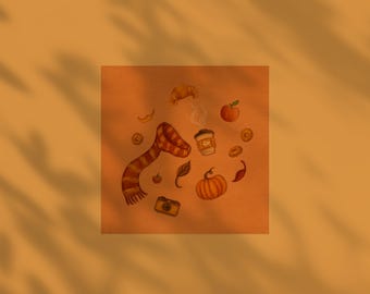 May include: An illustration on an orange background featuring a striped scarf, a steaming coffee cup, a pumpkin, a camera, an apple, a croissant, and scattered autumn leaves. The items are arranged in a circular pattern with warm tones.