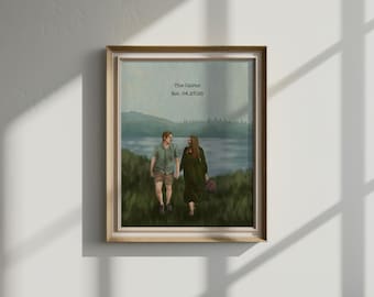 May include: A framed digital illustration of two people walking through a grassy field near a lake. The text "The Cairns" and "Est. 04.27.25" is printed at the top. The person on the left wears a green shirt and shorts, while the person on the right wears a long green dress.