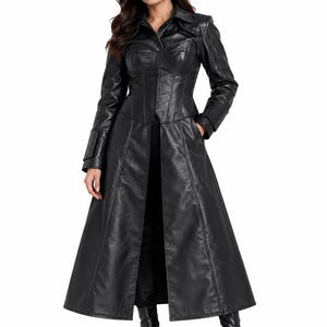 Black Leather Trench Coat, Women's Long Coat, Gothic Corset Coat, Black Faux Leather Coat, Victorian Coat, Alternative Fashion
