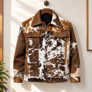 May include: A long-sleeve jacket featuring a brown and white cowhide pattern with a textured fur-like appearance. The jacket includes a pointed collar, a front button closure, two chest pockets with button flaps, and solid brown cuffs.