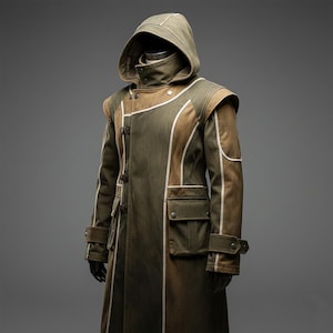 May include: A long, hooded coat in shades of olive green and brown, featuring a high collar, structured shoulders, and light-colored piping. The garment includes two large front pockets with flaps, metal snap buttons, and adjustable buckled straps.